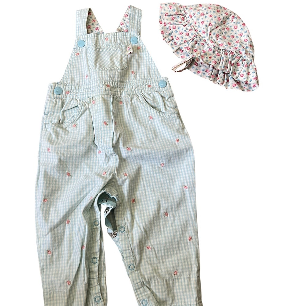 Gymboree Aqua Gingham Pink Floral overalls with Matching Sun Hat Size 6-9mths - Picture 3 of 6